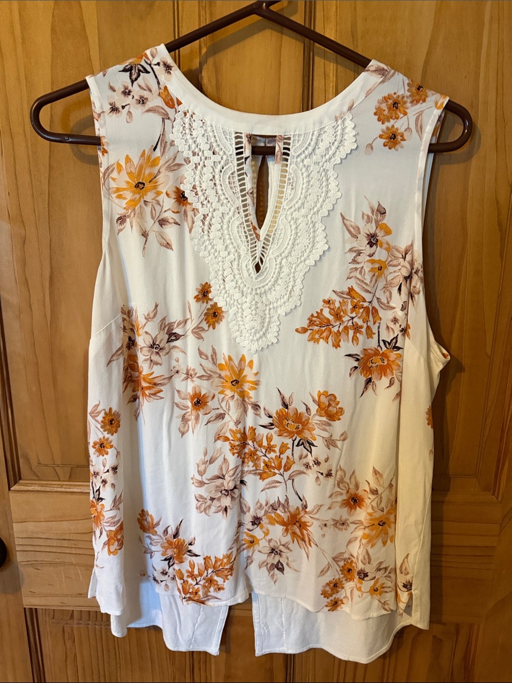 Crochet-Trim Floral Sleeveless Blouse in Cream and Mustard
